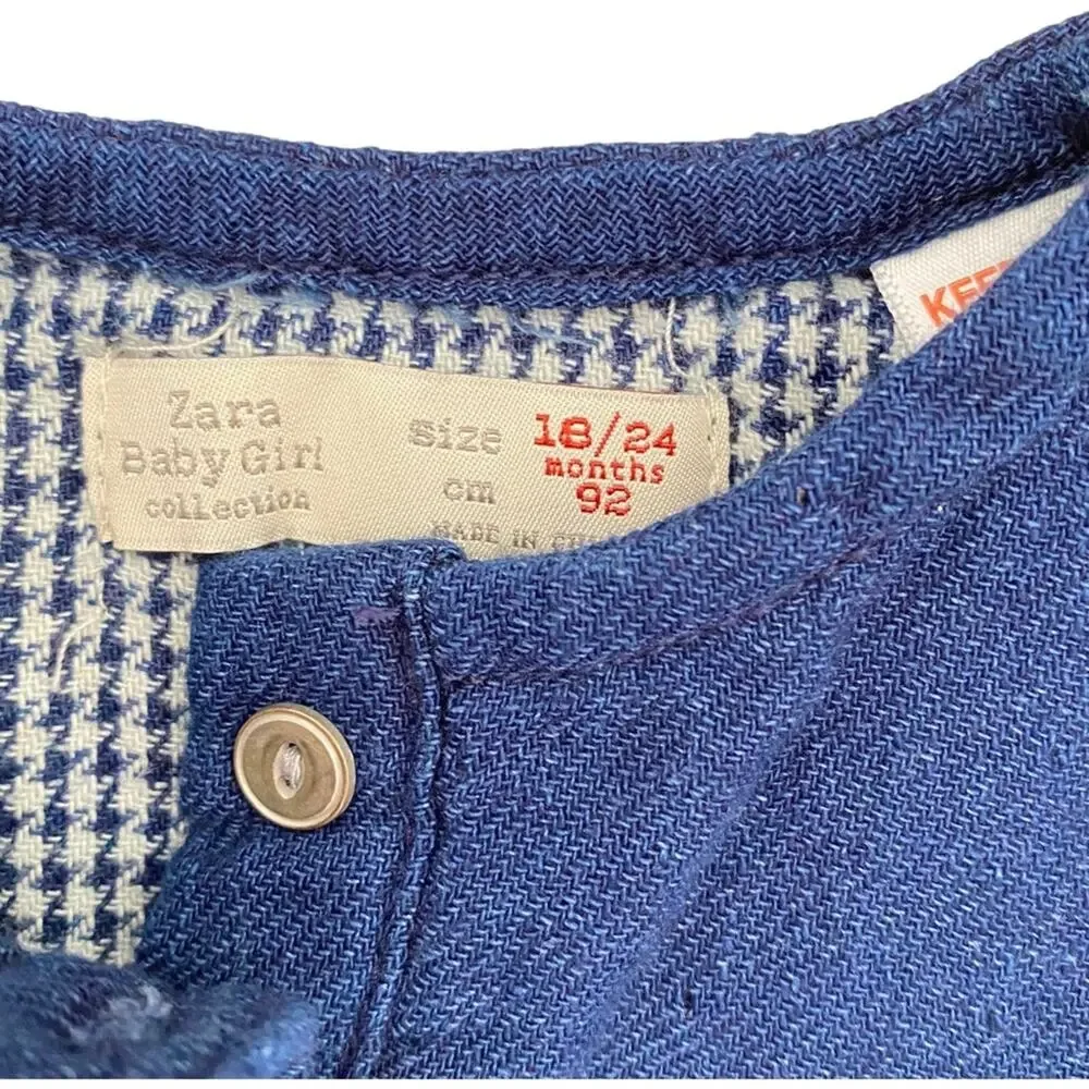 Zara toddler dress dark soft denim cotton Gingham contrast cuff Ruffle 18-24 mos